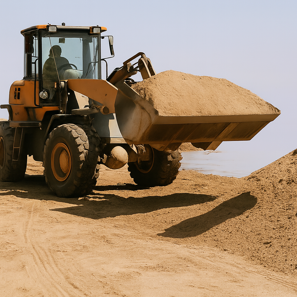 Pala cargadora en operación junto a montículos de arena